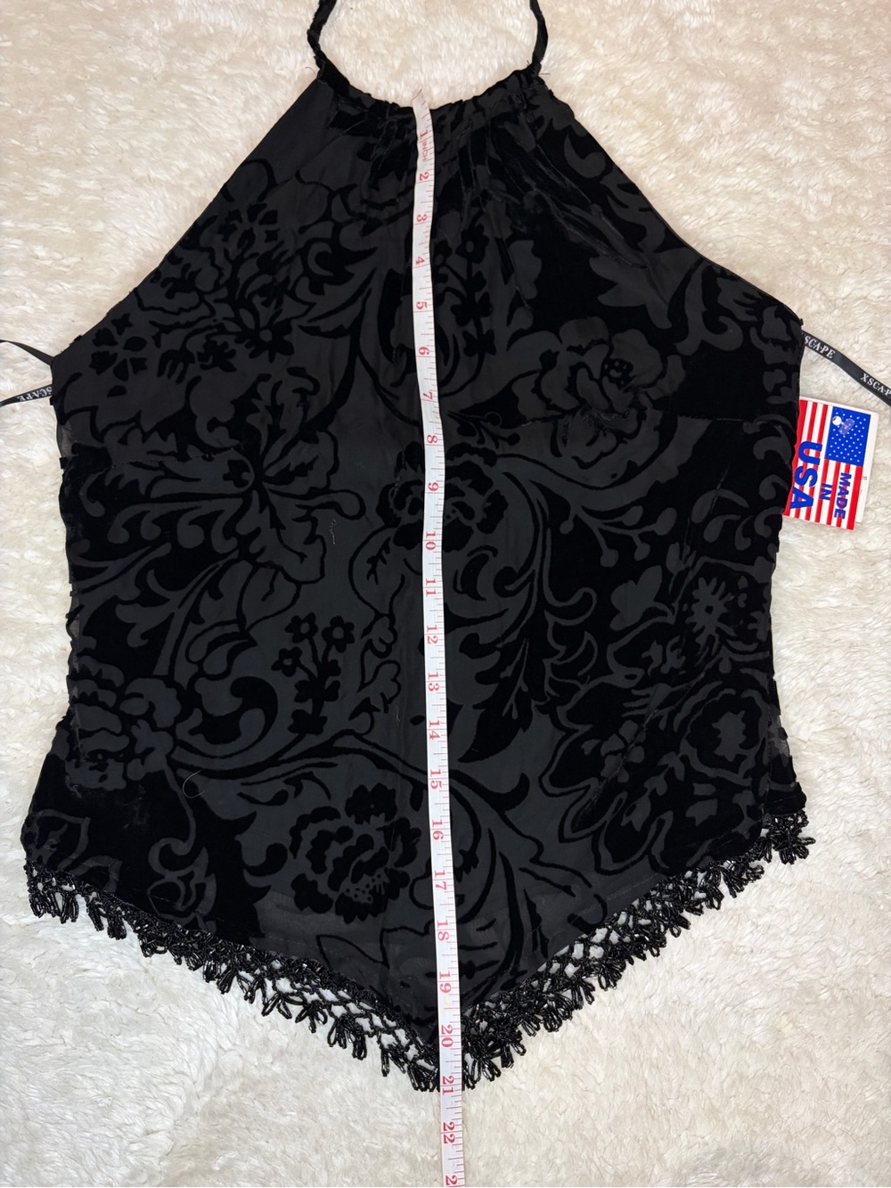 Vintage black velvet burnout tie halter top beaded trim open back deadstock - Picture 12 of 12
